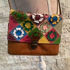 Patricia Nash Vintage Inspired 3D Leather Flower Petals Patchwork Crossbody